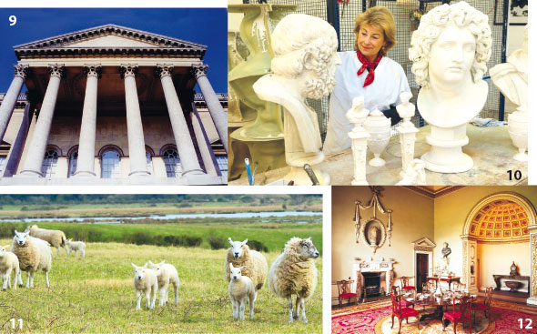 The architecture of Holkham Hall draws upon Palladian villa design and was the vision of the 1st Earl of Leicester 10 Lady Leicester herself models plaster copies of Roman statuary for Holkham Sculpture Reproductions Room 11 Sheep graze in the public areas 12 Crimson and gold dominates in the North Dining Room