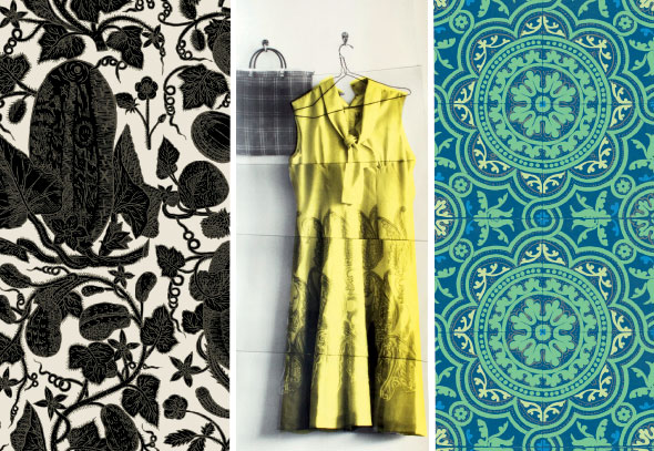 From left: Cowcumber from the Frontier collection, Cole & Son; Deborah Bowness challenges expectations with her Wallpaper Frock; Albemarle Piccadilly from Cole & Son
