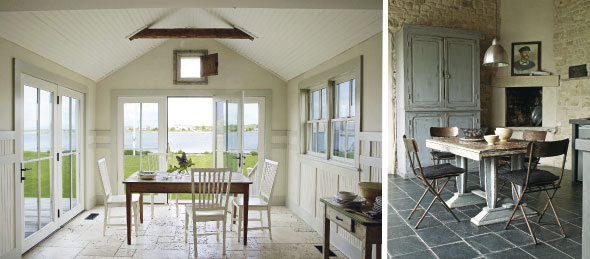 Left: Enjoy the sea view by placing the dining table in front of a window Right: Natural materials, such as rough-hewn stone walls, slate tiles and distressed wood sum up coastal style