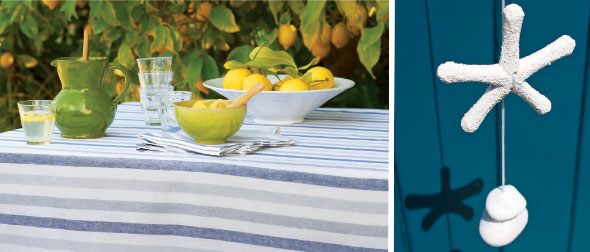 Left: Biarritz tablecloth, from £65, The Linen Works: 020-7819 7620, www. thelinenworks.com Right: Starfish light pull, £9.99, Buy The Sea: 01460-258970, www.buythesea-bymail.co.uk