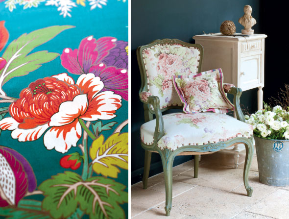 Parfum d’Ete fabric, £90 per metre, by Manuel Canovas (left) Faded Roses fabric, £19 per metre, by Annie Sloan (right)