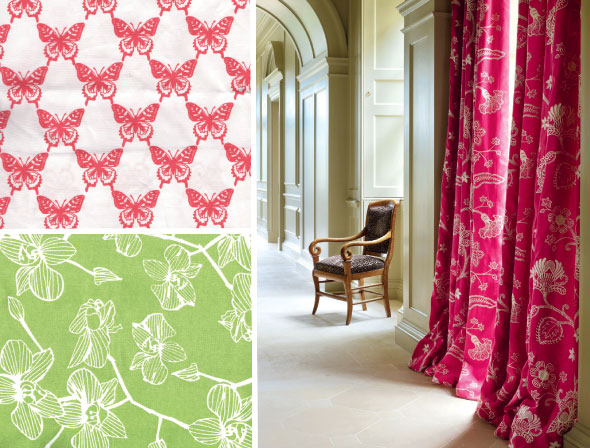 Clockwise from bottom left: Green Orchid field canvas, £24.50 per metre; and Red Butterfly Poplin, £19.50 per metre, both by Pinch of Salt; Bovary fabric, £80 per metre, by Colefax and Fowler