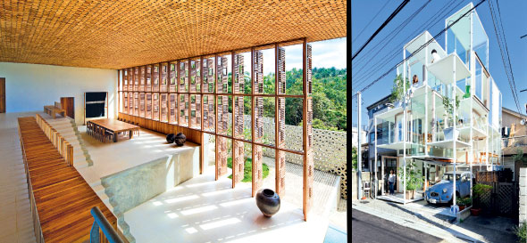 This home on a cliff overlooks the ocean in Sri Lanka, designed by Shigeru Ban. Screens and shutters keep out the sun but encourage air to flow naturally through the open spaces; House NA by Sou Fujimoto Architects in Tokyo. The transparent house comprises floor plates, situated at various heights, so the owners can lead a nomadic life at home (right)