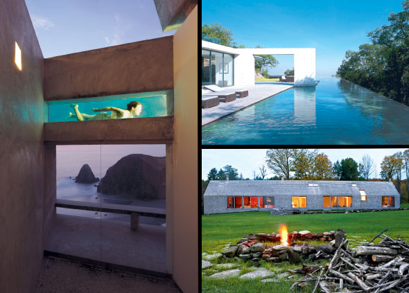 Clockwise from left: The swimming pool at the beachside Vedoble House, Peru, designed by Barclay and Crousse; In Monterrey, Mexico, this design by Tadao Ando is rectilinear – the pool seems to disappear into the horizon; Woodstock Farm Estate, in Vermont, is designed by Rick Joy. This elegantly elongated gable house has massive stone end walls and cedar cladding on the roof